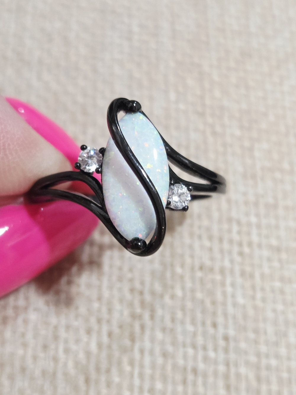 Black Opal-Inlay Ring with White Opalescent Stone~ Size 10
